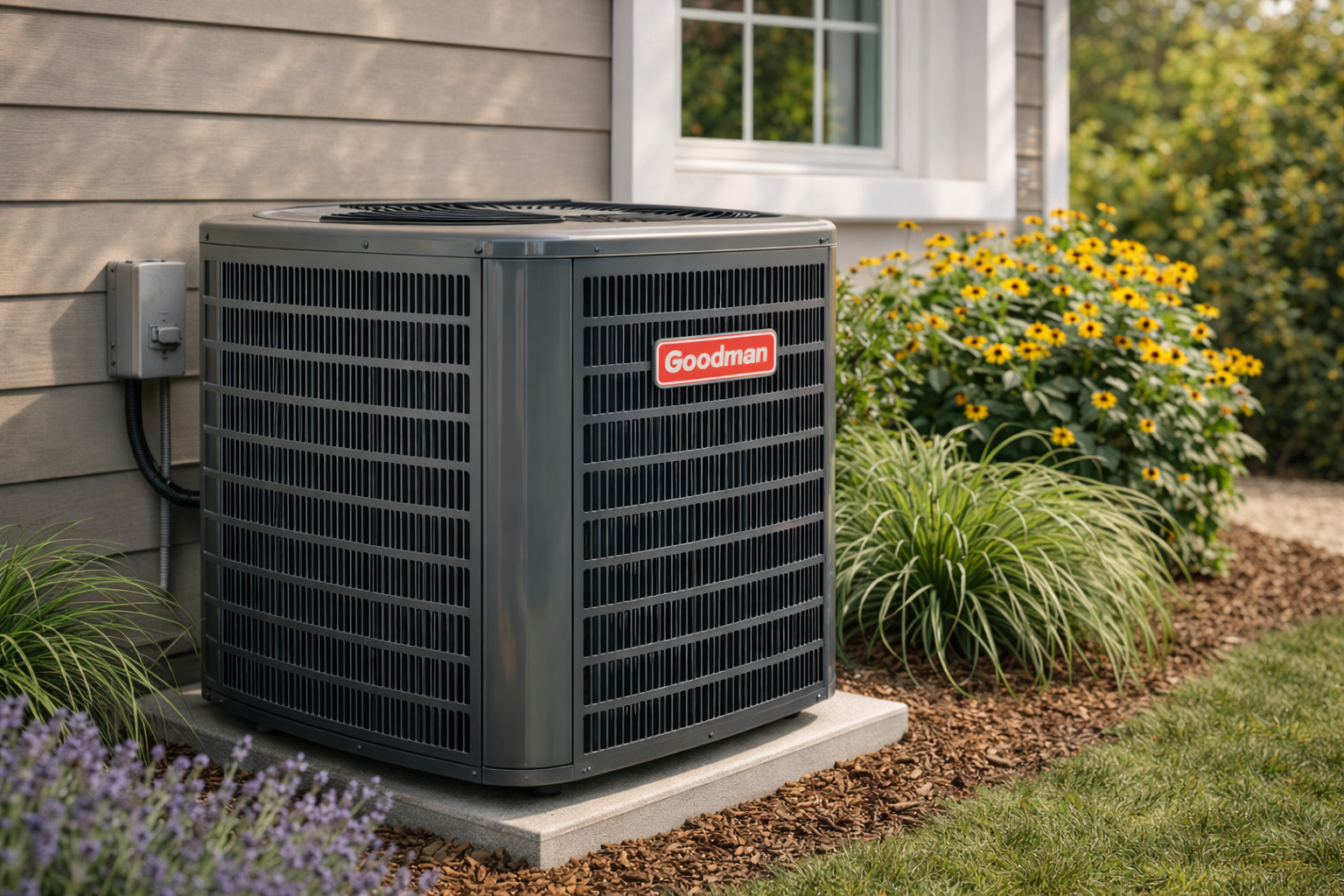 Goodman AC condenser unit on a concrete pad next to a home